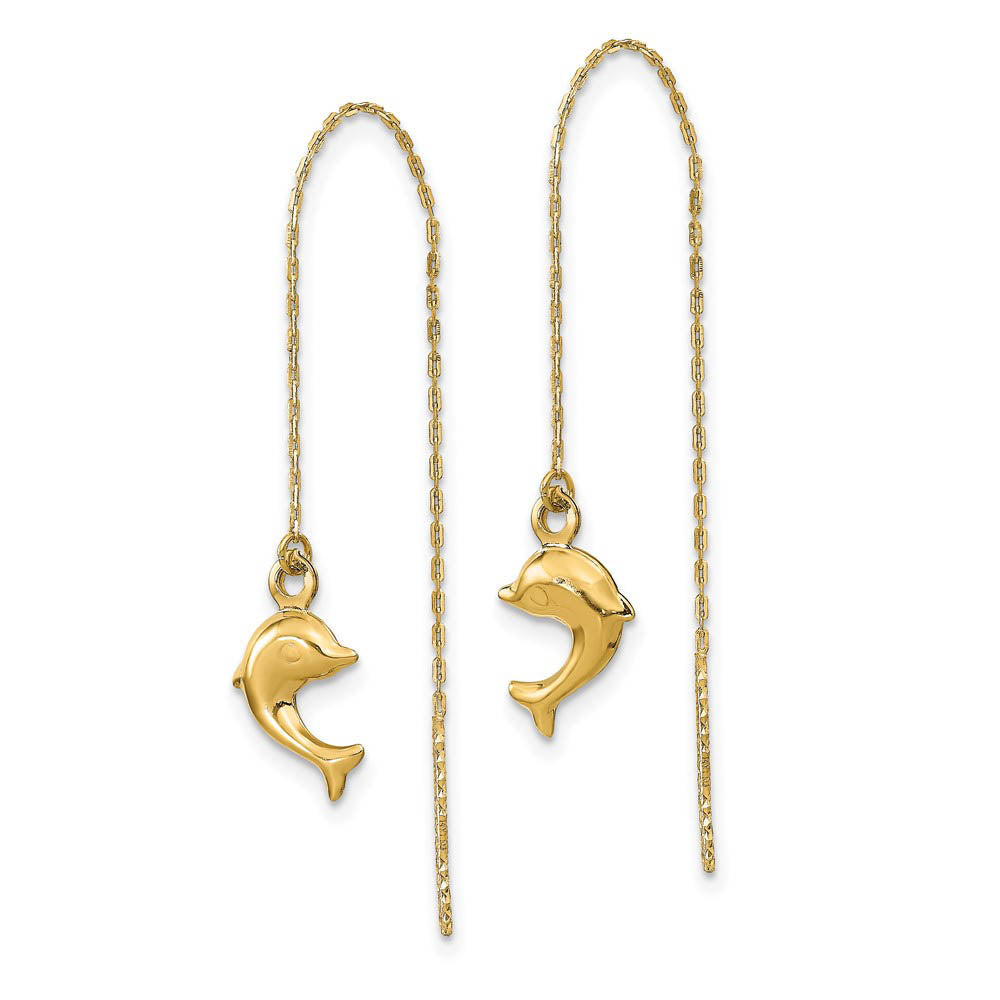 Alternate view of the 8 x 45mm (1 3/4 in) 14k Yellow Gold Polished Dolphin Threader Earrings by The Black Bow Jewelry Co.