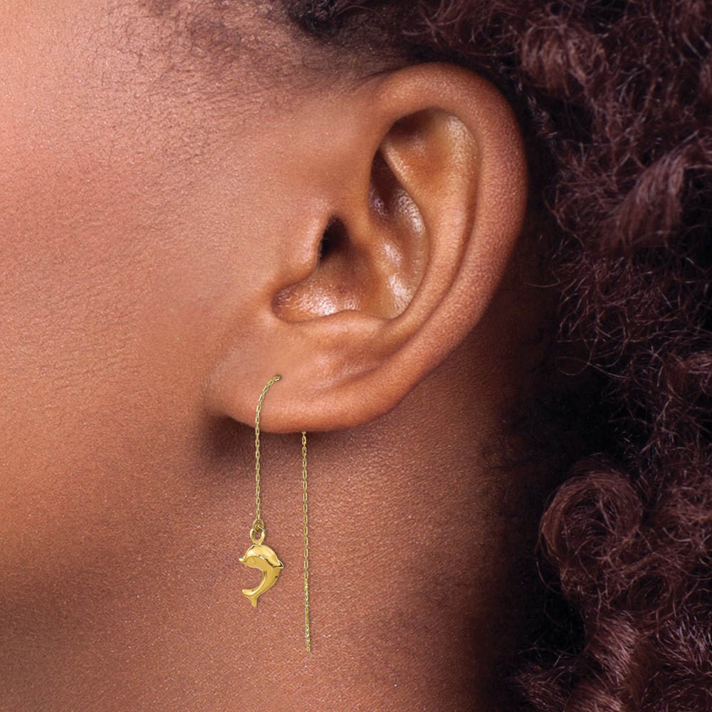 Alternate view of the 8 x 45mm (1 3/4 in) 14k Yellow Gold Polished Dolphin Threader Earrings by The Black Bow Jewelry Co.