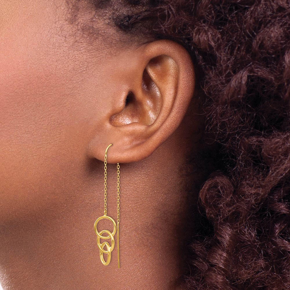 Alternate view of the 10 x 50mm (1 7/8 Inch) 14k Yellow Gold Triple Circle Threader Earrings by The Black Bow Jewelry Co.