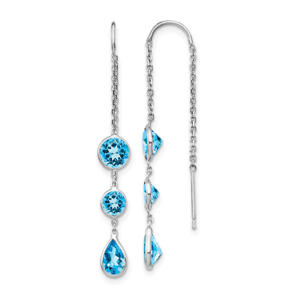 5x 45mm 14k White Gold Blue Topaz Pear & Round Bezel Threader Earrings, Item E16676 by The Black Bow Jewelry Co.