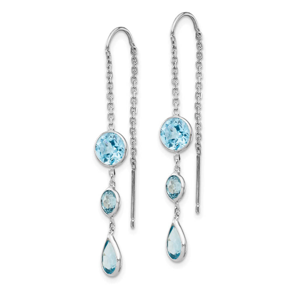 Alternate view of the 5x 45mm 14k White Gold Blue Topaz Pear & Round Bezel Threader Earrings by The Black Bow Jewelry Co.