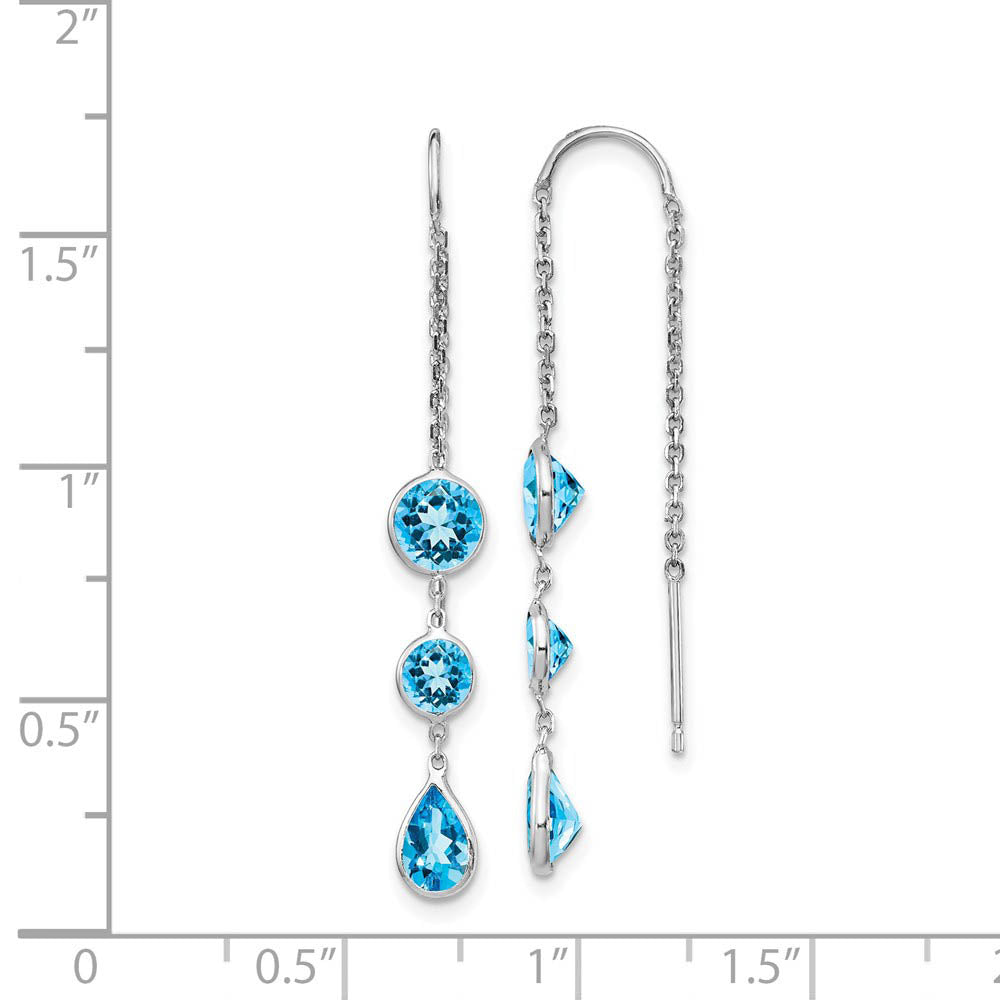 Alternate view of the 5x 45mm 14k White Gold Blue Topaz Pear & Round Bezel Threader Earrings by The Black Bow Jewelry Co.