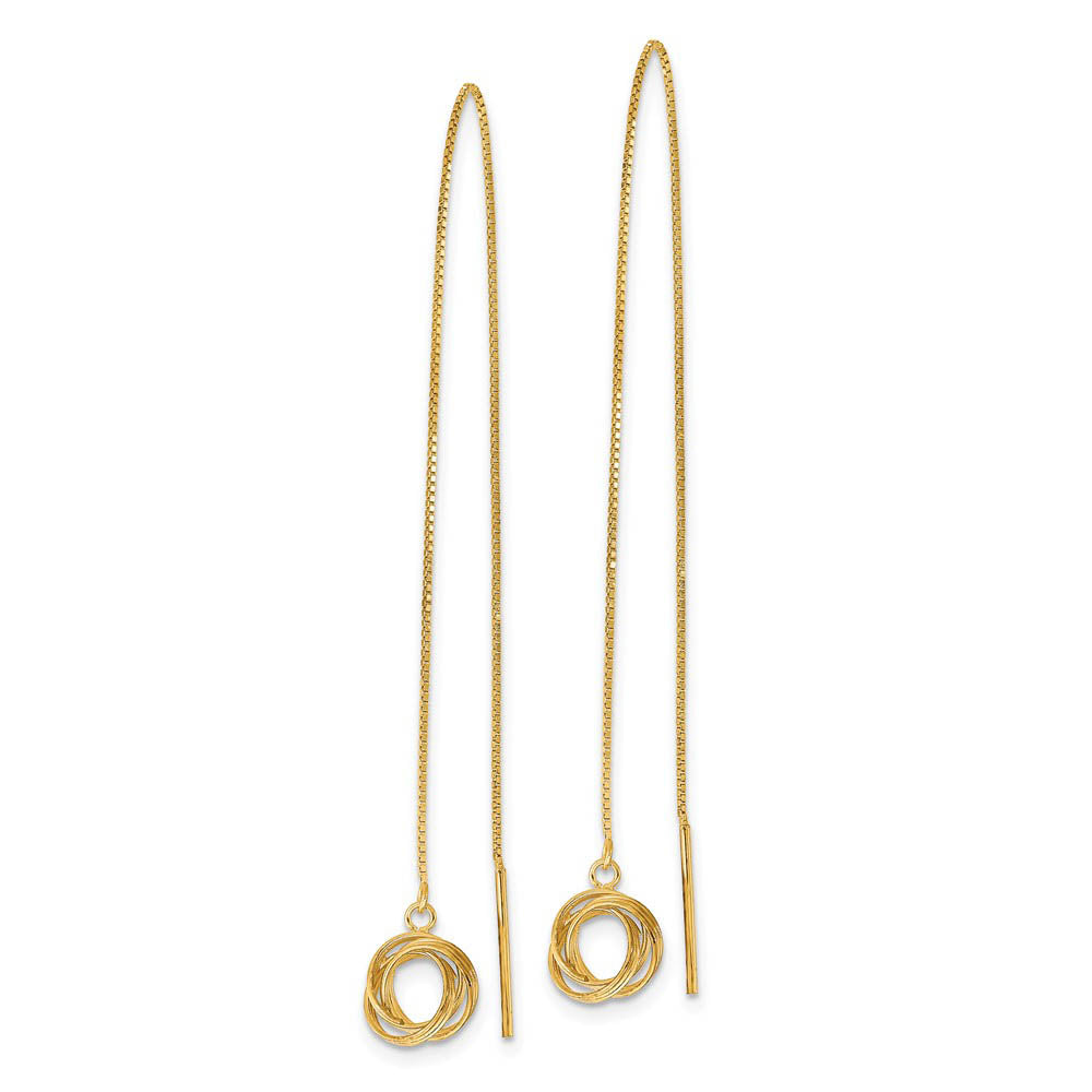 Alternate view of the 7 x 67mm 14k Yellow Gold D/C Box Chain Love Knot Threader Earrings by The Black Bow Jewelry Co.