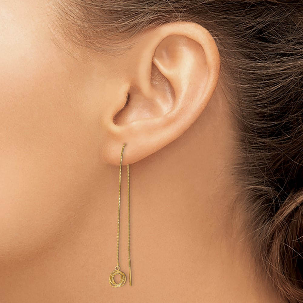 Alternate view of the 7 x 67mm 14k Yellow Gold D/C Box Chain Love Knot Threader Earrings by The Black Bow Jewelry Co.