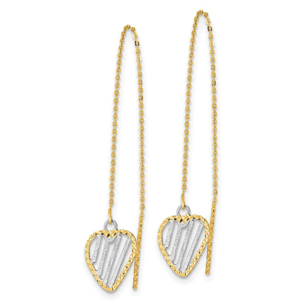 Alternate view of the 9 x 45mm 14k Yellow Gold & White Rhodium Heart Threader Earrings by The Black Bow Jewelry Co.