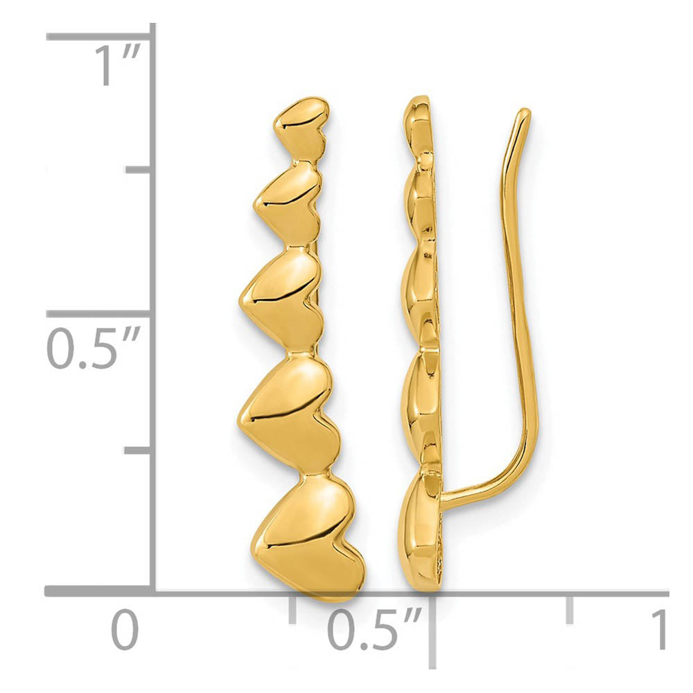 Alternate view of the 5x23mm (7/8 Inch) 14k Yellow Gold Polished Heart Ear Climber Earrings by The Black Bow Jewelry Co.