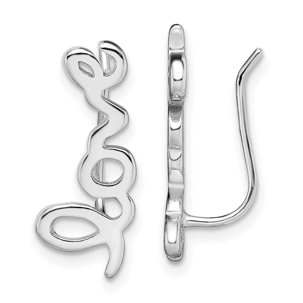 8 x 19mm Rhodium-Plated Sterling Silver Love Script Ear Climbers, Item E16699 by The Black Bow Jewelry Co.