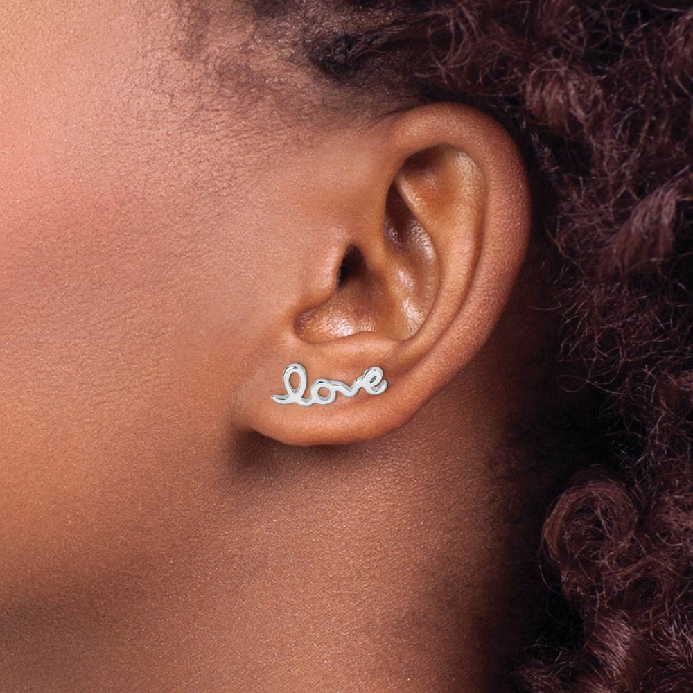 Alternate view of the 8 x 19mm Rhodium-Plated Sterling Silver Love Script Ear Climbers by The Black Bow Jewelry Co.