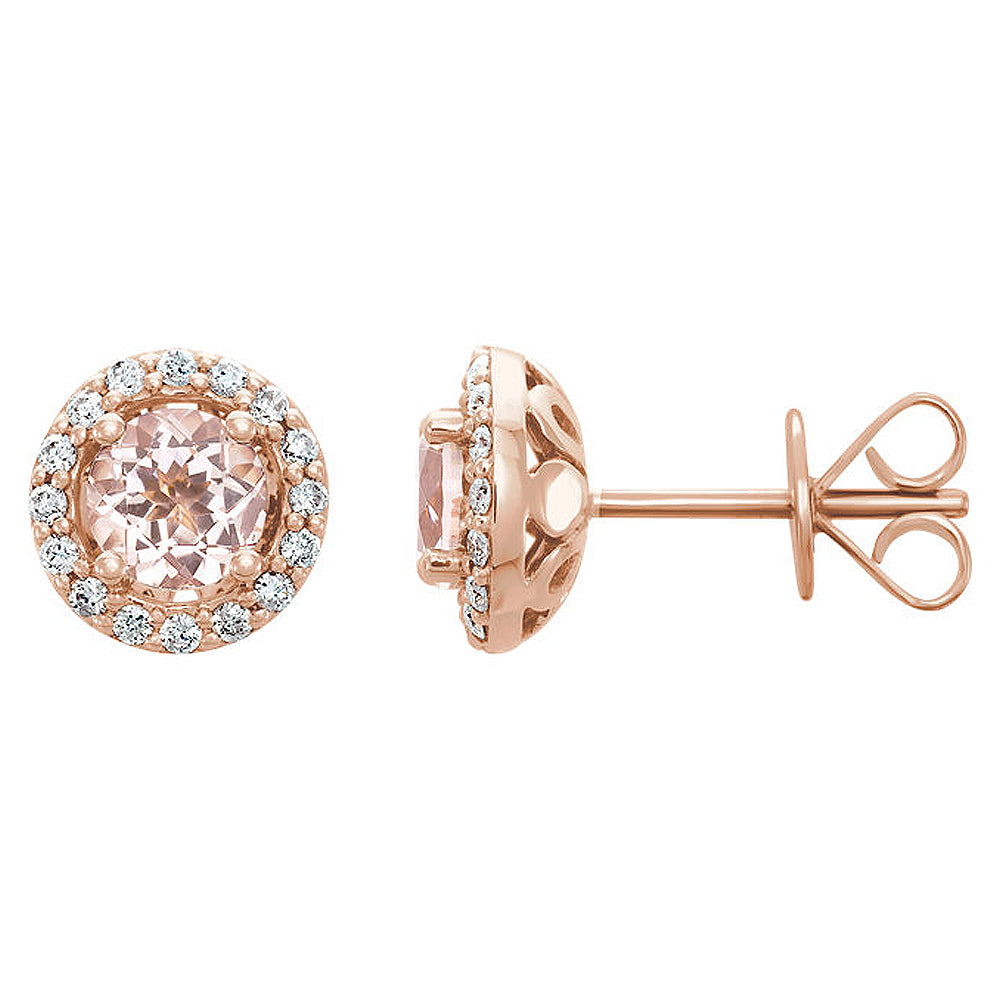 8.75mm 14k Rose Gold Morganite & 1/5 CTW(GI, I1) Diamond Halo Earrings, Item E16774 by The Black Bow Jewelry Co.