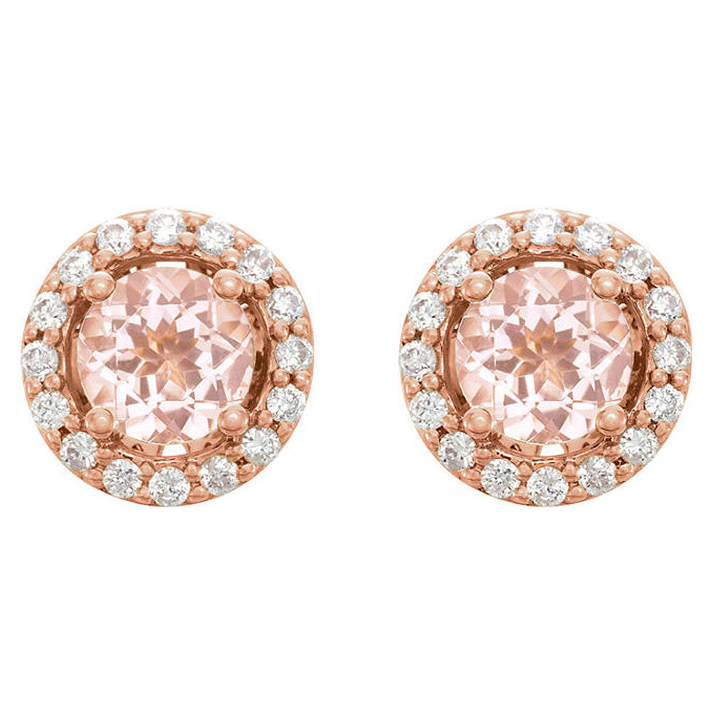 Alternate view of the 8.75mm 14k Rose Gold Morganite & 1/5 CTW(GI, I1) Diamond Halo Earrings by The Black Bow Jewelry Co.