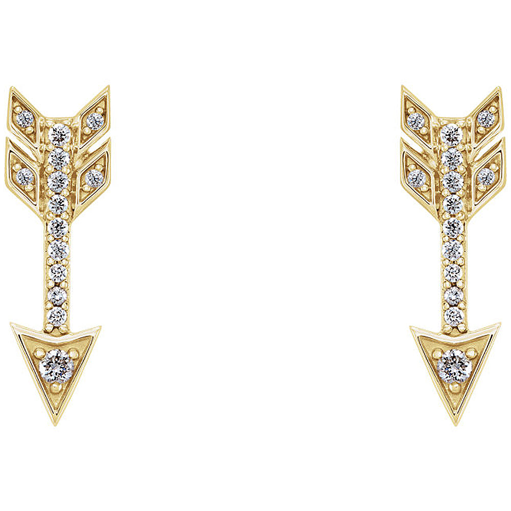 Alternate view of the 5mm x 17mm 14k Yellow Gold 1/6 CTW (G-H, I1) Diamond Arrow Earrings by The Black Bow Jewelry Co.