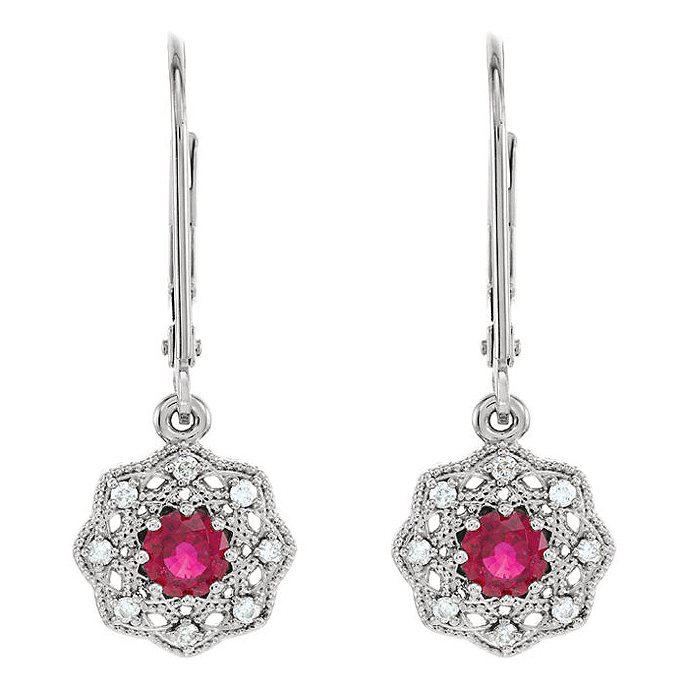 Alternate view of the 10.5 x 26mm 14k White Gold Ruby & 1/8 CTW (G-H, I1) Diamond Earrings by The Black Bow Jewelry Co.