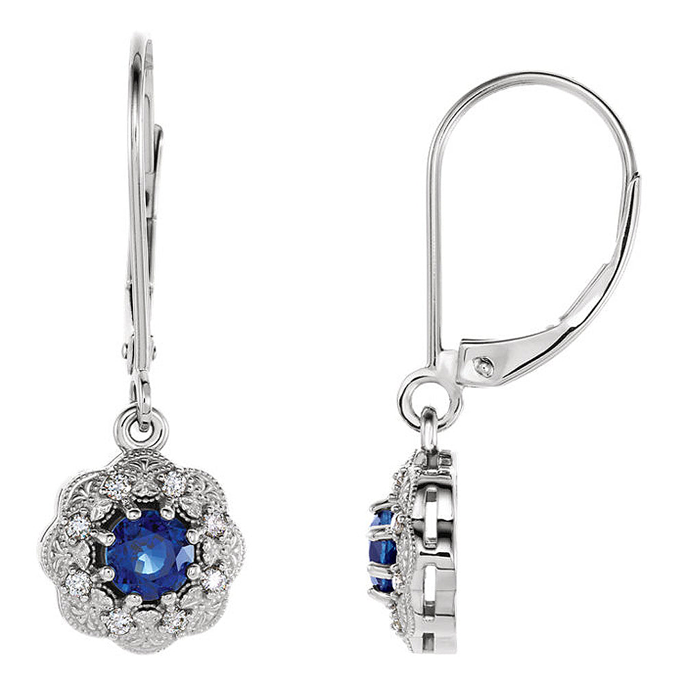 9.5 x 28mm 14k White Gold Sapphire & 1/8 CTW (GH, I1) Diamond Earrings, Item E16840 by The Black Bow Jewelry Co.