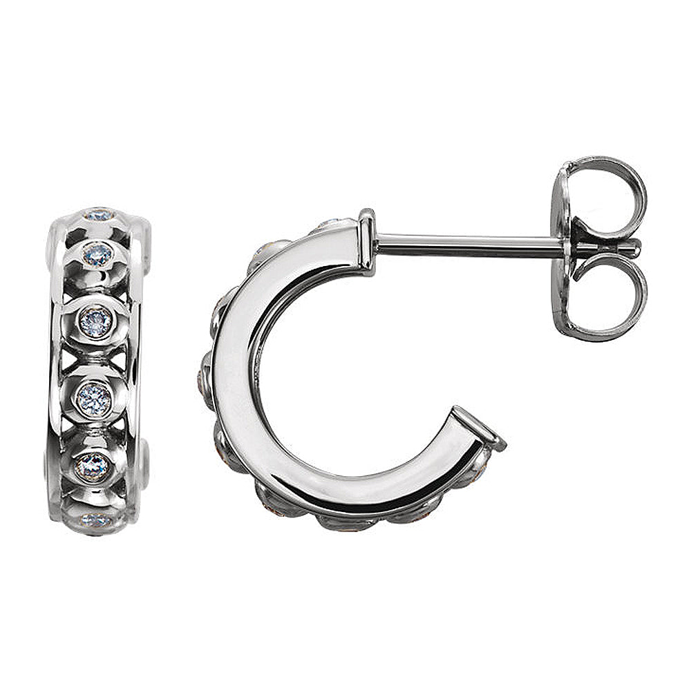 3 x 11mm 14k White Gold 1/10 CTW (G-H, I1) Diamond Bezel Set J-Hoops, Item E16888 by The Black Bow Jewelry Co.