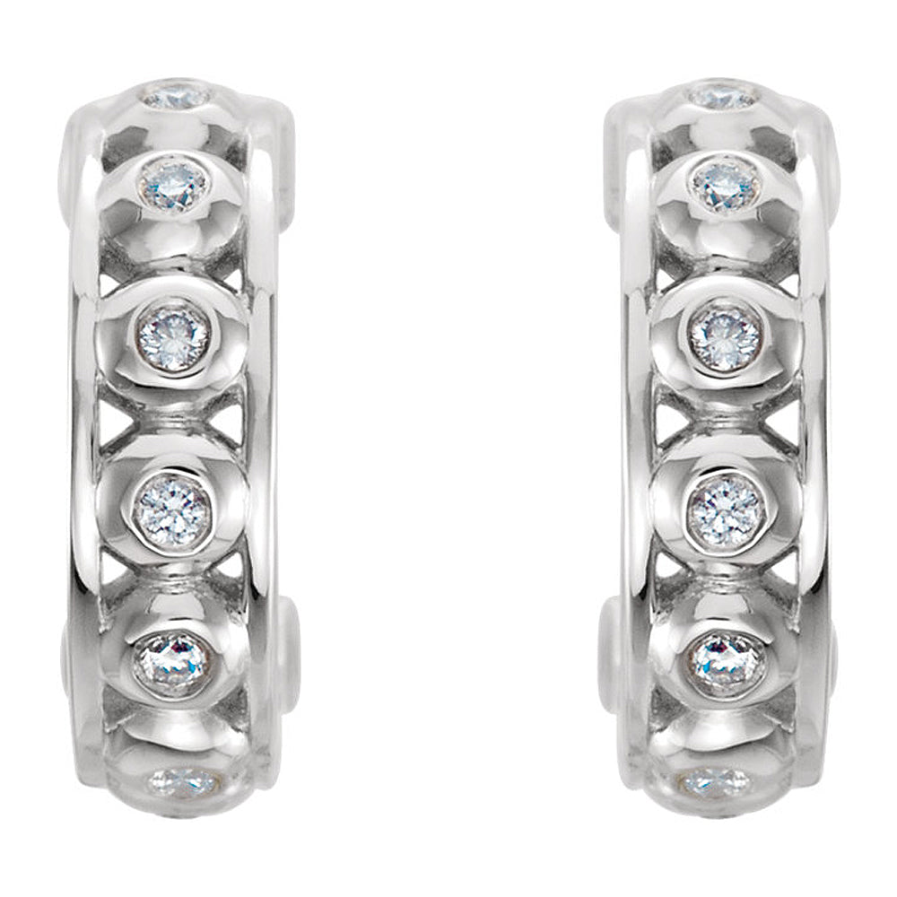 Alternate view of the 3 x 11mm 14k White Gold 1/10 CTW (G-H, I1) Diamond Bezel Set J-Hoops by The Black Bow Jewelry Co.