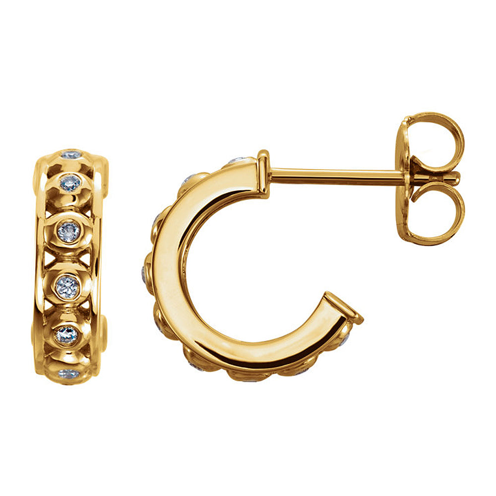 3 x 11mm 14k Yellow Gold 1/10 CTW (G-H, I1) Diamond Bezel Set J-Hoops, Item E16889 by The Black Bow Jewelry Co.