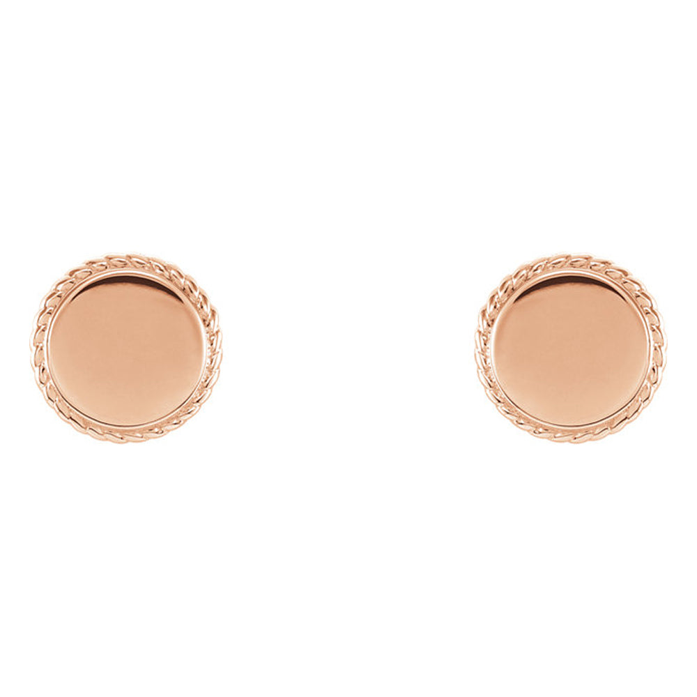 Alternate view of the 8mm (5/16 Inch) 14k Rose Gold Engravable Rope Edge Circle Earrings by The Black Bow Jewelry Co.