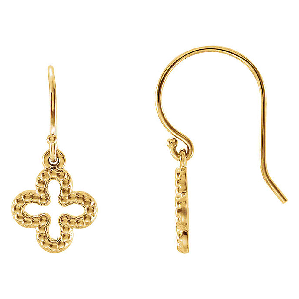 10mm (3/8 Inch) 14k Yellow Gold Small Beaded Clover Dangle Earrings, Item E16931 by The Black Bow Jewelry Co.