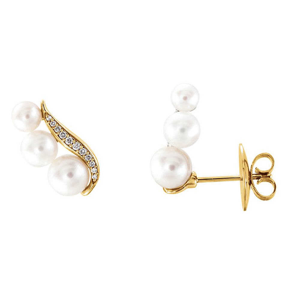 16mm 14k Yellow Gold FW Cultured Pearl & 1/10 CTW Diamond Ear Climbers, Item E16938 by The Black Bow Jewelry Co.