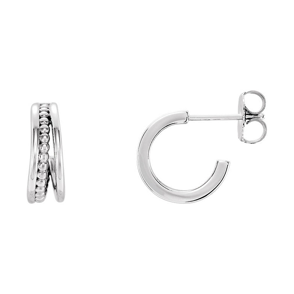 4.3 x 12mm (7/16 Inch) Sterling Silver Small Beaded J-Hoop Earrings, Item E16974 by The Black Bow Jewelry Co.
