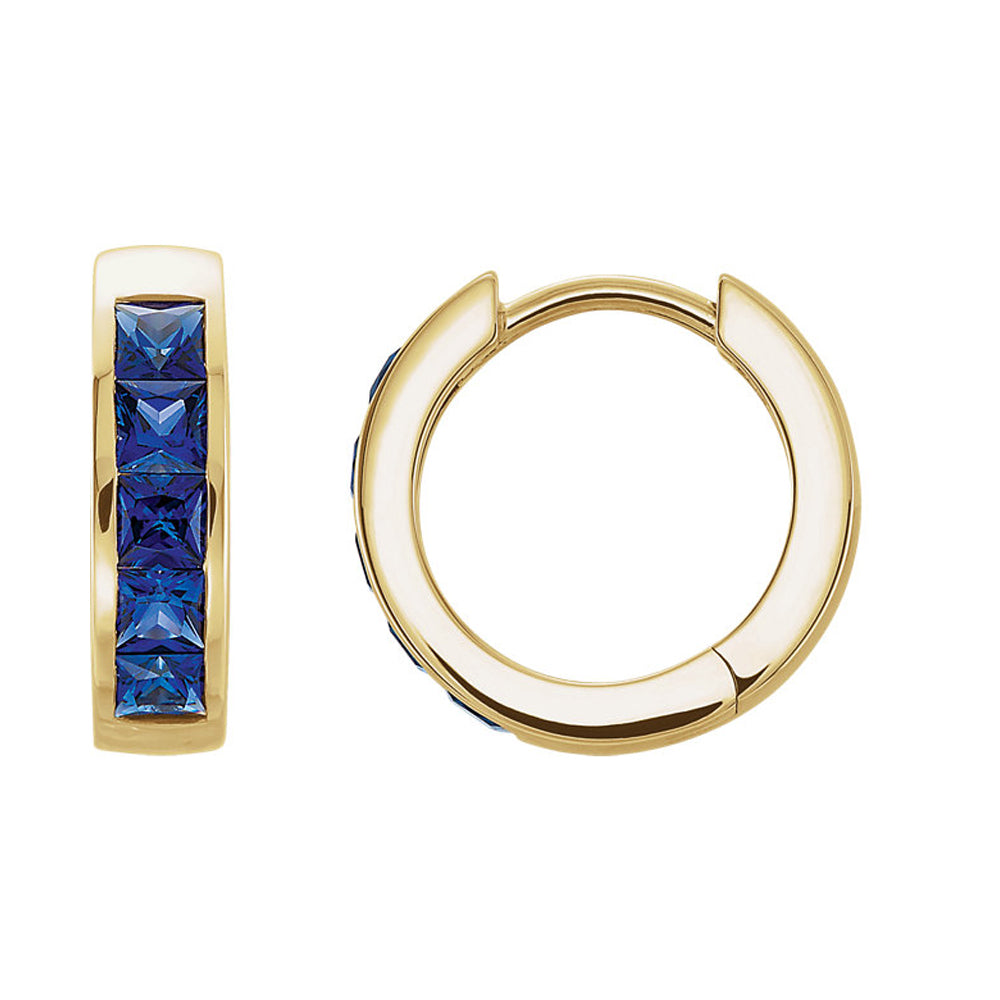 14k Yellow Gold Created Blue Sapphire Hinged Round Hoop Earrings, 14mm, Item E16979 by The Black Bow Jewelry Co.