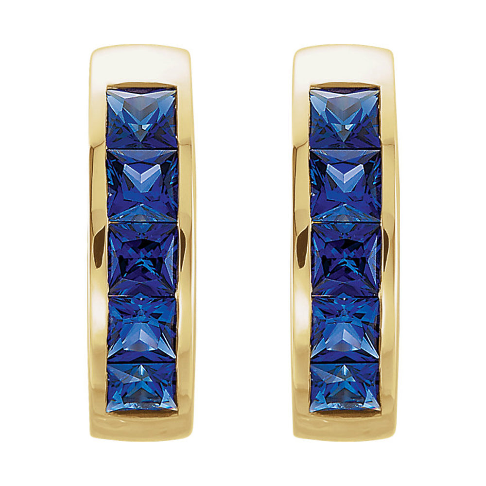 Alternate view of the 14k Yellow Gold Created Blue Sapphire Hinged Round Hoop Earrings, 14mm by The Black Bow Jewelry Co.