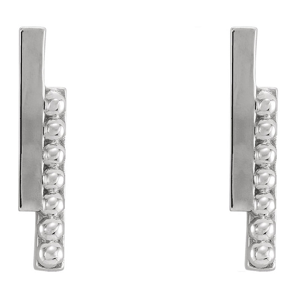 Alternate view of the 2.3 x 12mm (7/16 Inch) Sterling Silver Polished & Beaded Bar Earrings by The Black Bow Jewelry Co.
