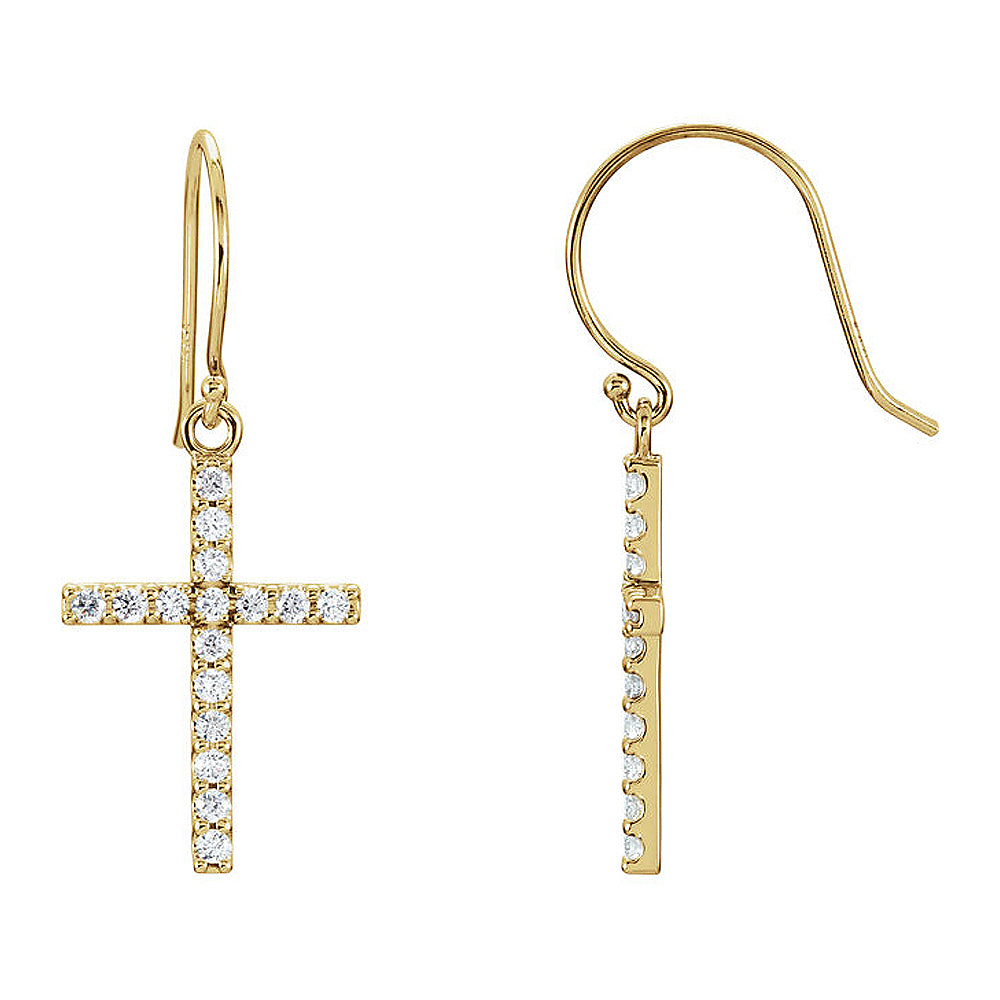 14k Yellow Gold 1/2 CTW (G-H, I1) Diamond Dangle Cross Earrings, Item E17022 by The Black Bow Jewelry Co.