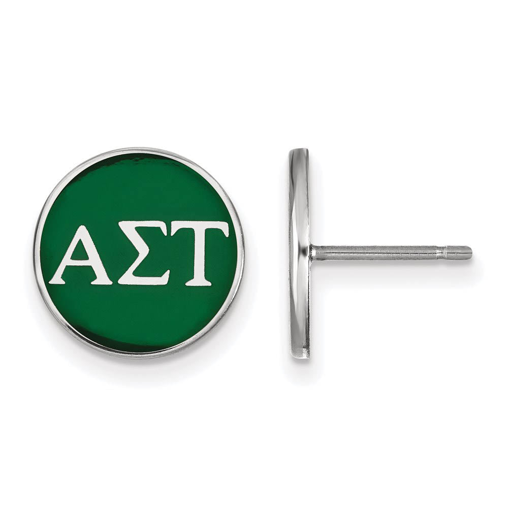 Sterling Silver Alpha Sigma Tau Green Enamel Disc Post Earrings, Item E17097 by The Black Bow Jewelry Co.