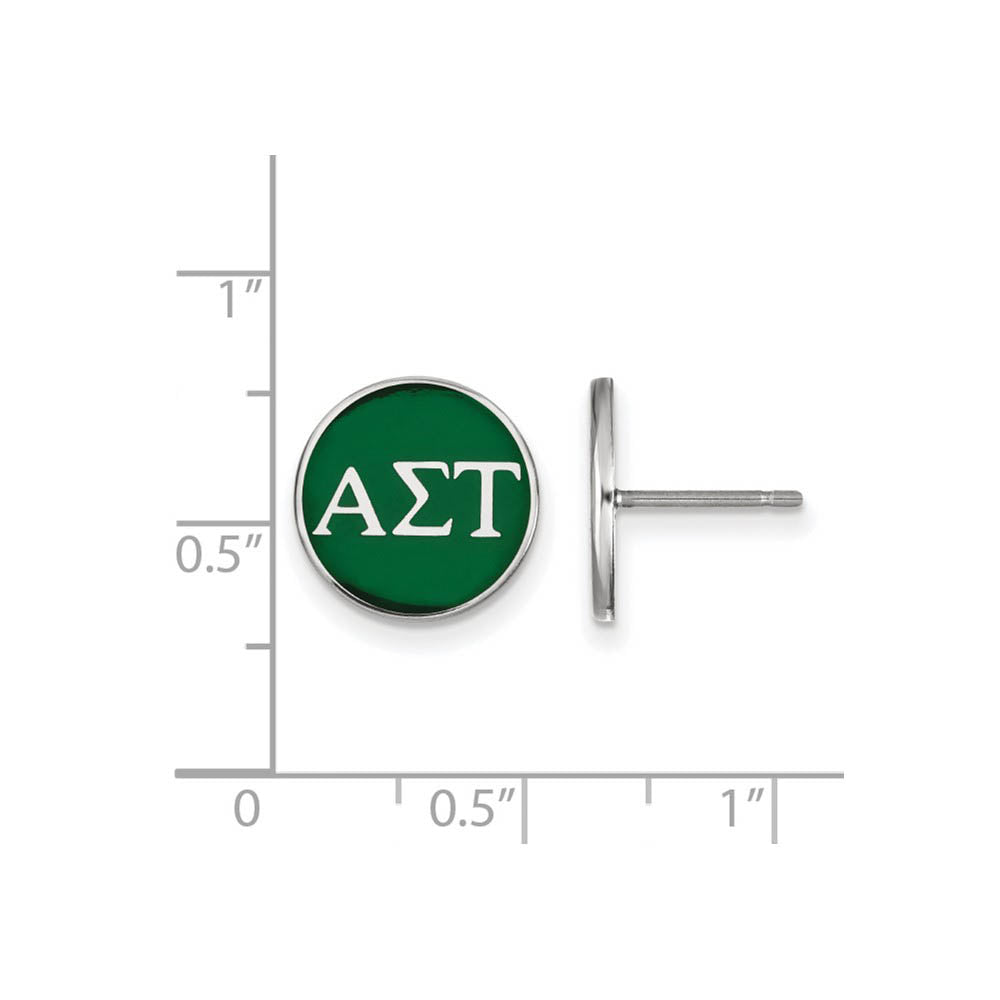 Alternate view of the Sterling Silver Alpha Sigma Tau Green Enamel Disc Post Earrings by The Black Bow Jewelry Co.
