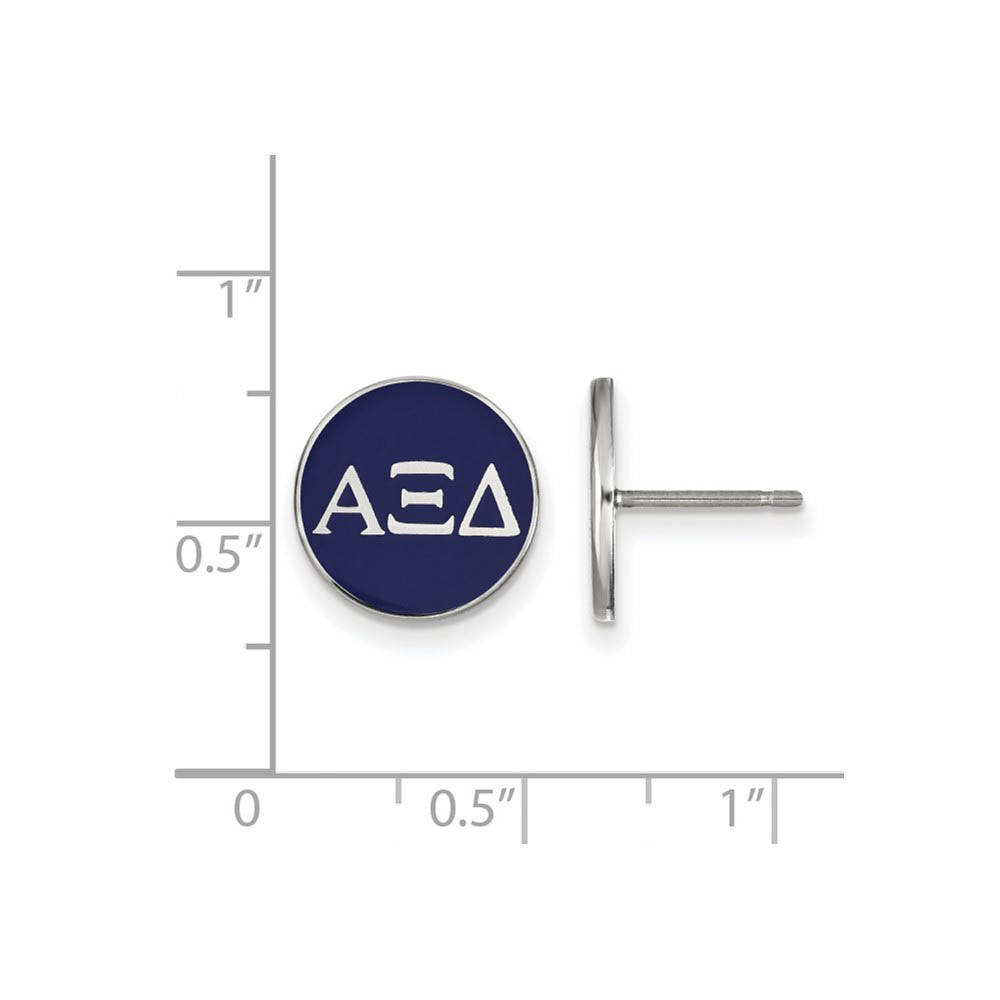 Alternate view of the Sterling Silver Alpha Xi Delta Blue Enamel Disc Post Earrings by The Black Bow Jewelry Co.