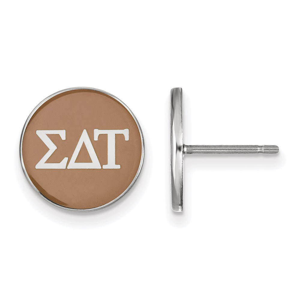 Sterling Silver Sigma Delta Tau Brown Enamel Disc Post Earrings, Item E17194 by The Black Bow Jewelry Co.