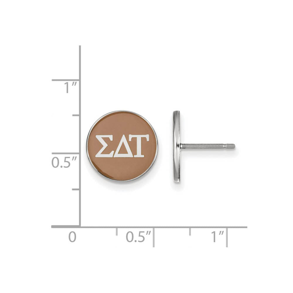 Alternate view of the Sterling Silver Sigma Delta Tau Brown Enamel Disc Post Earrings by The Black Bow Jewelry Co.