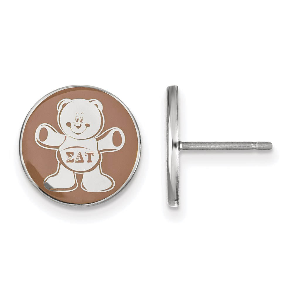 Sterling Silver Sigma Delta Tau Brown Enamel Bear Post Earrings, Item E17197 by The Black Bow Jewelry Co.