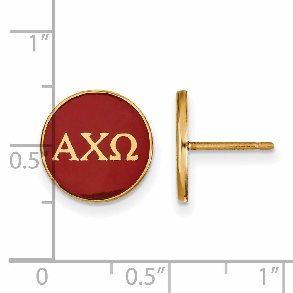 Alternate view of the 14K Plated Silver Alpha Chi Omega Red Enamel Disc Post Earrings by The Black Bow Jewelry Co.