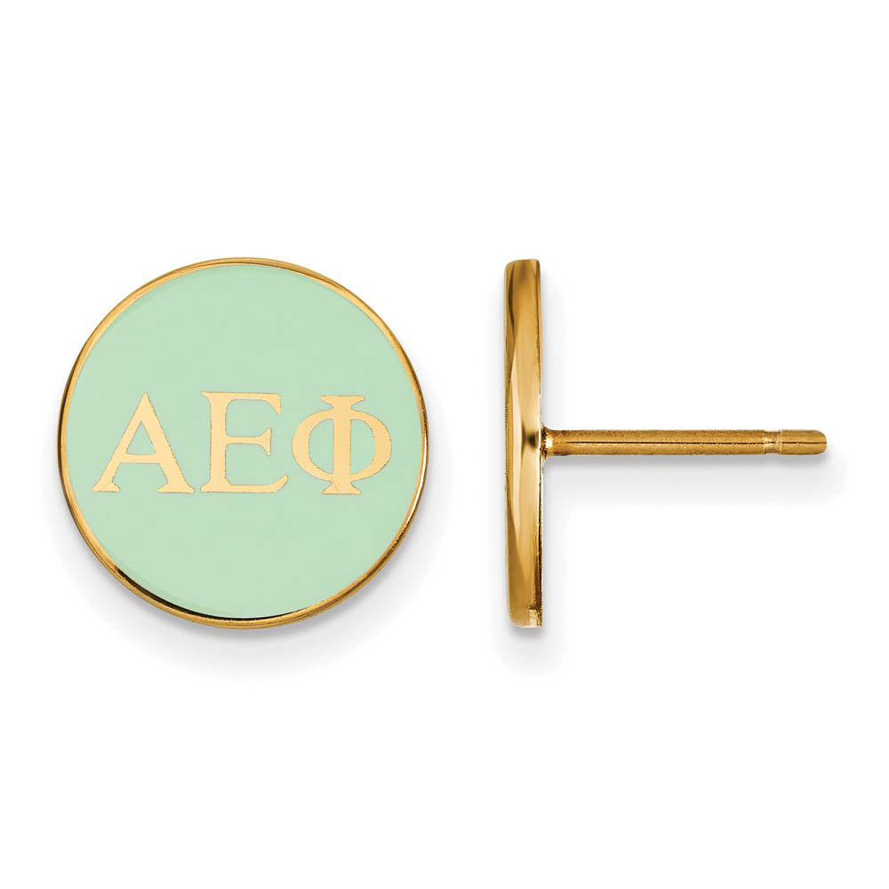 14K Plated Silver Alpha Epsilon Phi Lt Green Enamel Disc Post Earrings, Item E17243 by The Black Bow Jewelry Co.