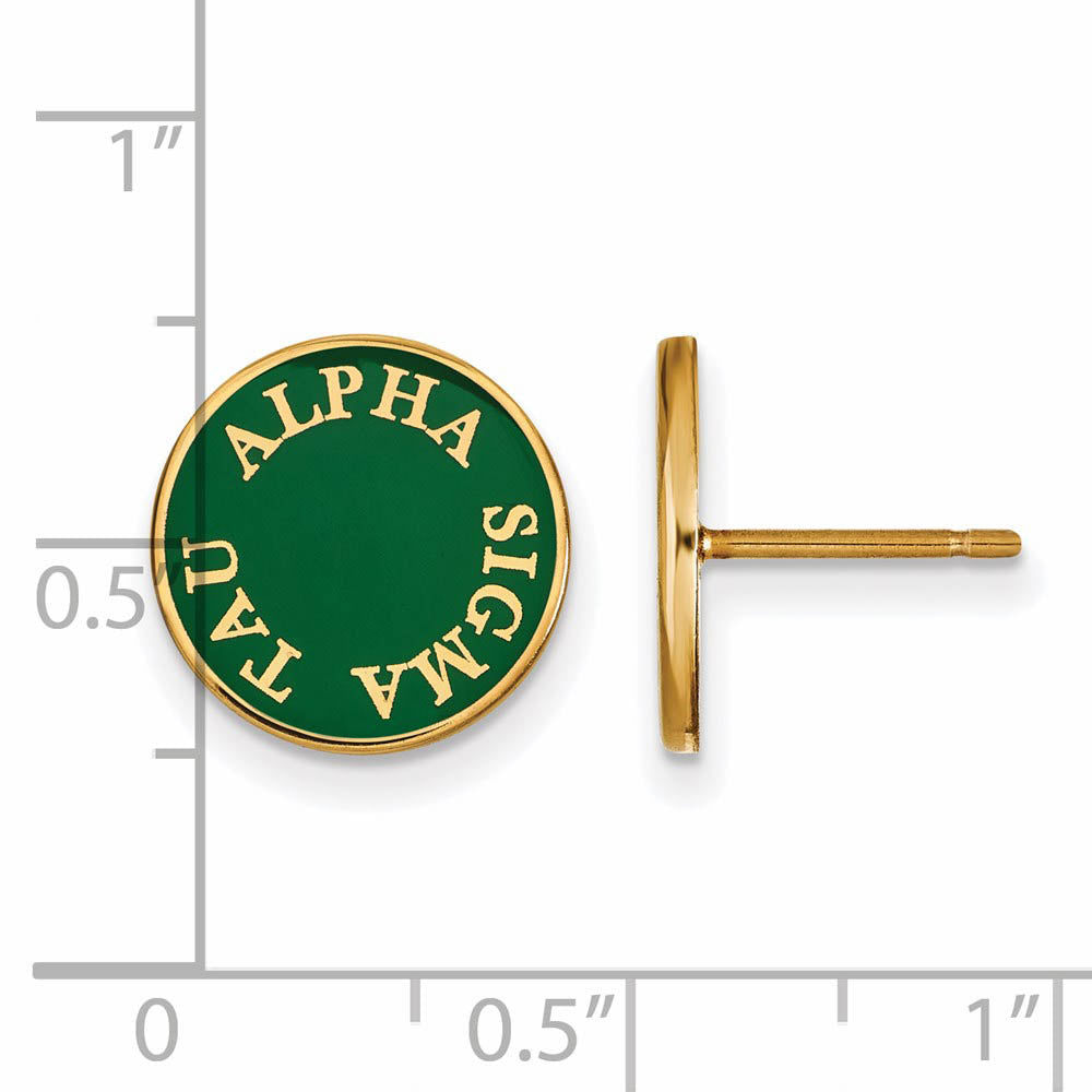 Alternate view of the 14K Plated Silver Alpha Sigma Tau Enamel Disc Post Earrings by The Black Bow Jewelry Co.