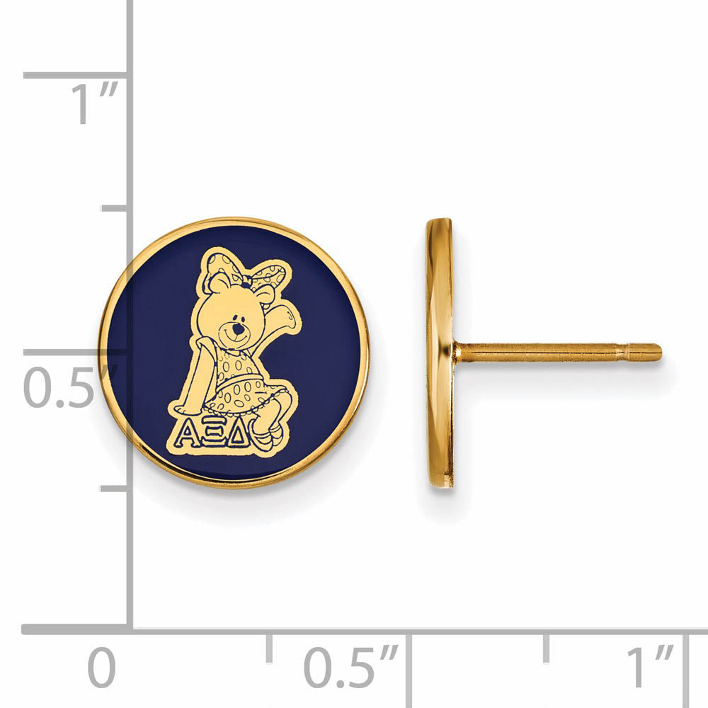 Alternate view of the 14K Plated Silver Alpha Xi Delta Blue Enamel Bear Disc Post Earrings by The Black Bow Jewelry Co.