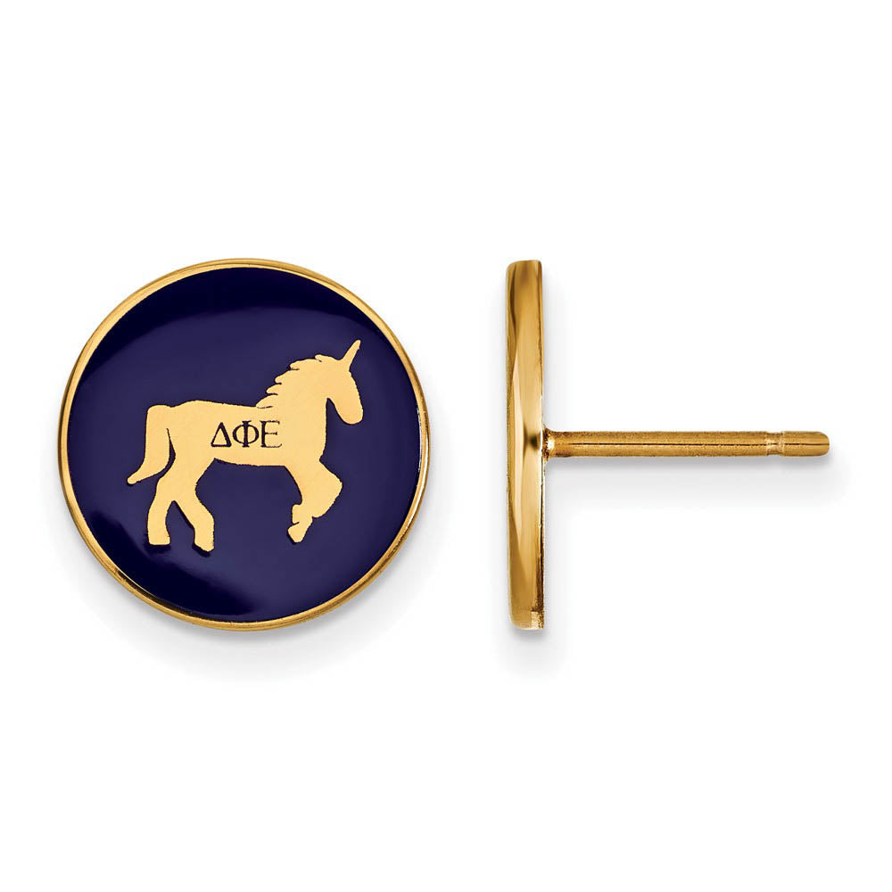 14K Plated Silver Delta Phi Epsilon Enamel Unicorn Disc Post Earrings, Item E17316 by The Black Bow Jewelry Co.