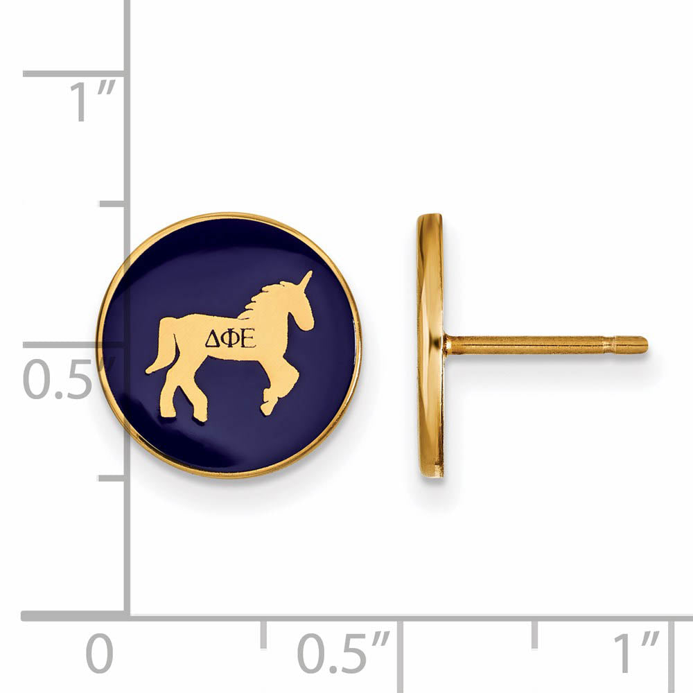 Alternate view of the 14K Plated Silver Delta Phi Epsilon Enamel Unicorn Disc Post Earrings by The Black Bow Jewelry Co.