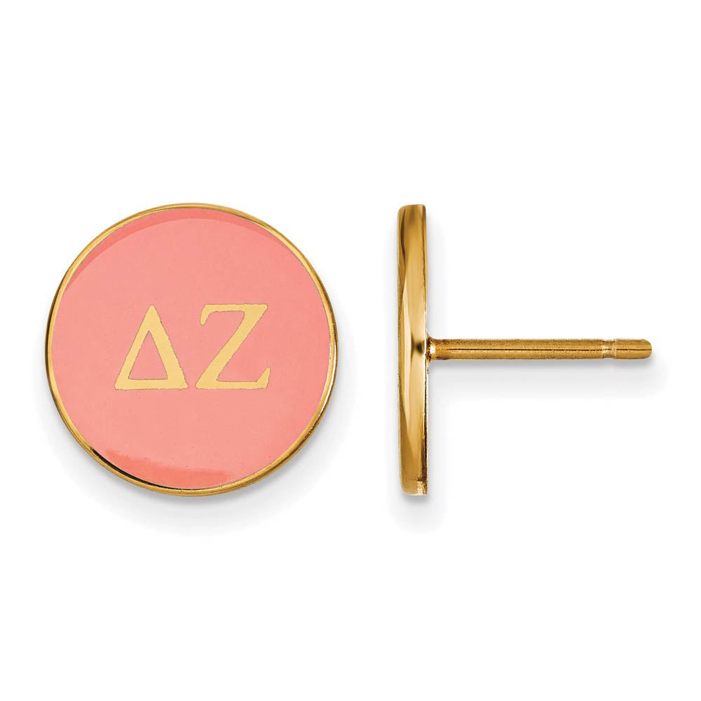 14K Plated Silver Delta Zeta Pink Enamel Disc Post Earrings, Item E17320 by The Black Bow Jewelry Co.