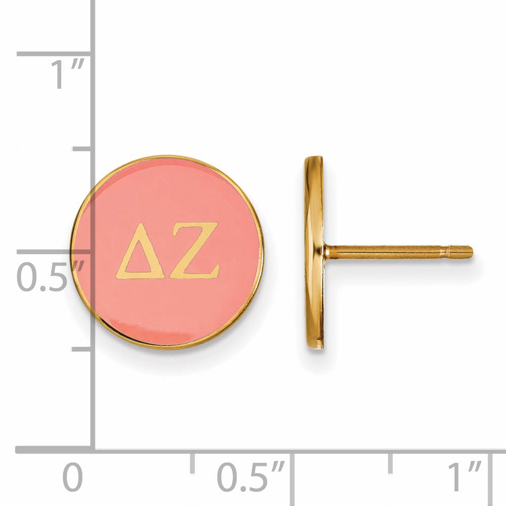 Alternate view of the 14K Plated Silver Delta Zeta Pink Enamel Disc Post Earrings by The Black Bow Jewelry Co.