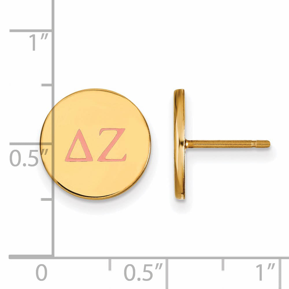 Alternate view of the 14K Plated Silver Delta Zeta Pink Enamel Greek Letters Post Earrings by The Black Bow Jewelry Co.