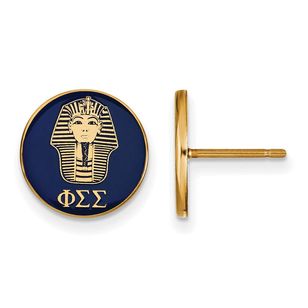 14K Plated Silver Phi Sigma Sigma Blue Enamel Sphinx Post Earrings, Item E17364 by The Black Bow Jewelry Co.