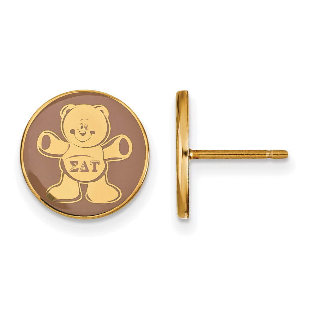 14K Plated Silver Sigma Delta Tau Brown Enamel Bear Post Earrings, Item E17378 by The Black Bow Jewelry Co.