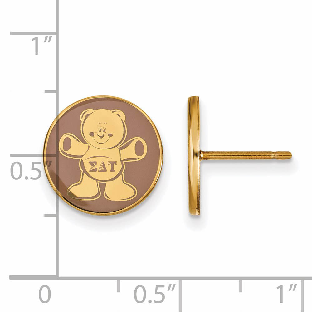 Alternate view of the 14K Plated Silver Sigma Delta Tau Brown Enamel Bear Post Earrings by The Black Bow Jewelry Co.