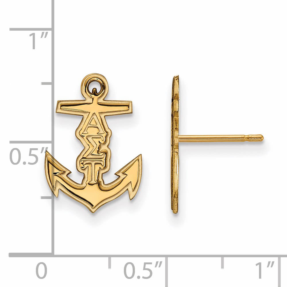 Alternate view of the 14K Plated Silver Alpha Sigma Tau XS Post Earrings by The Black Bow Jewelry Co.