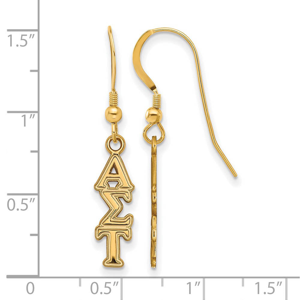 Alternate view of the 14K Plated Silver Small Alpha Sigma Tau Dangle Earrings by The Black Bow Jewelry Co.