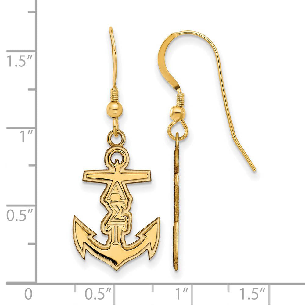 Alternate view of the 14K Plated Silver Alpha Sigma Tau Small Dangle Earrings by The Black Bow Jewelry Co.