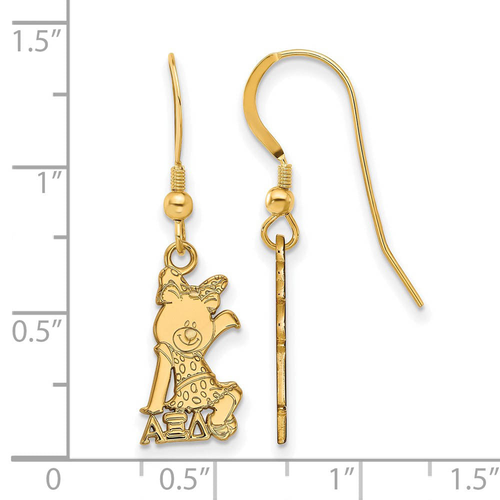 Alternate view of the 14K Plated Silver Alpha Xi Delta Small Dangle Earrings by The Black Bow Jewelry Co.